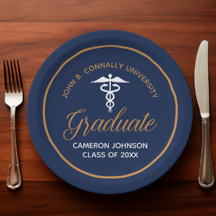 Navy Blue Gold Medical School Graduation Party Paper Plate