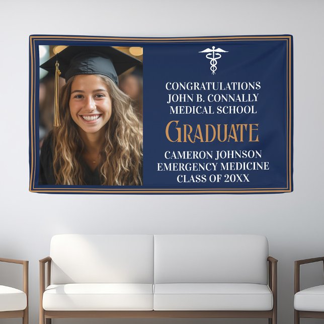 Navy Blue Gold Medical School Photo Graduation Banner (Creator Uploaded)