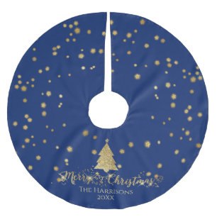 Navy Blue Gold Merry Christmas  Tree Sparkles Brushed Polyester Tree Skirt