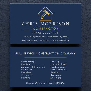 Navy Blue Gold Metallic Building Construction Business Card