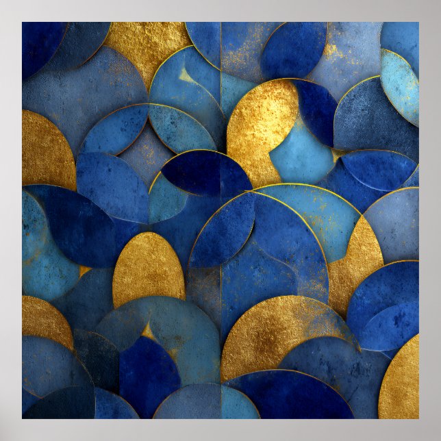 Navy Blue Gold Metallic Geometric Circles Abstract Poster (Front)