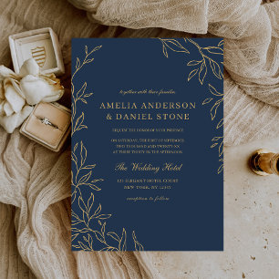 Navy Blue Gold Minimal Elegant Leaf Wedding Invitation