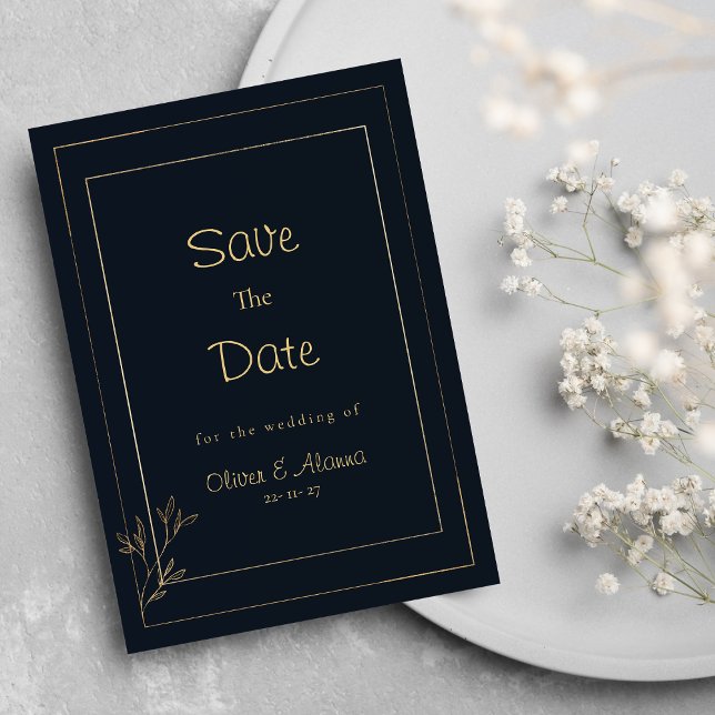 Navy blue gold minimalist floral Save The Date Invitation (Navy blue gold minimalist floral Save The Date )