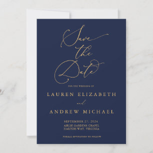 Navy Blue & Gold Minimalist Save the Date Invitation