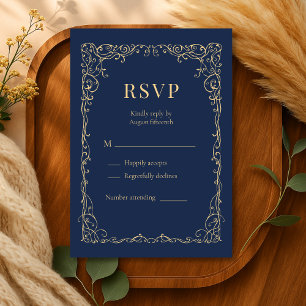 Navy Blue Gold Minimalist Wedding RSVP Card