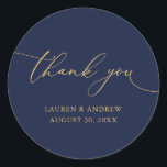 Navy Blue & Gold Minimalist Wedding Thank You Classic Round Sticker<br><div class="desc">Our modern minimalist thank you sticker/seal has "thank you" written in modern calligraphy script and can be fully customized with your name,  dates and background colour. Made to match our Purple Plum Modern Minimalist Wedding Suite.</div>
