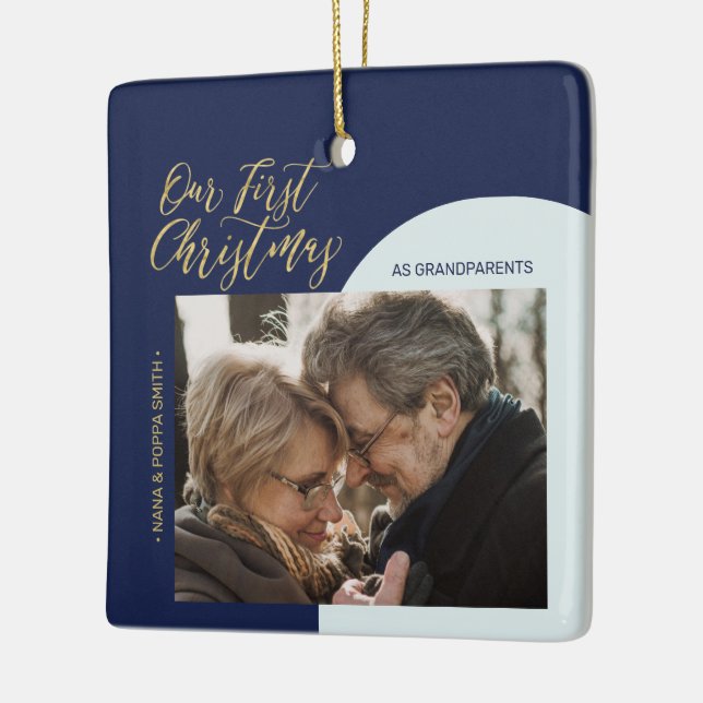 Navy, Blue & Gold Modern First Christmas Photo Cer Ceramic Ornament (Left)