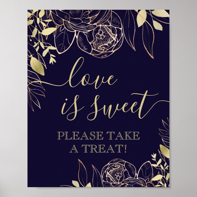 Navy Blue & Gold Modern Floral Sweet Favor Table Poster (Front)
