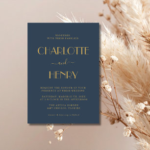 Navy Blue & Gold Modern Minimalist Simple Wedding Invitation