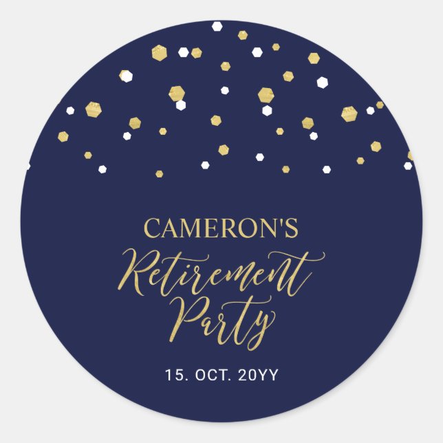 Navy Blue & Gold | Modern Retirement Party Favour Classic Round Sticker (Front)