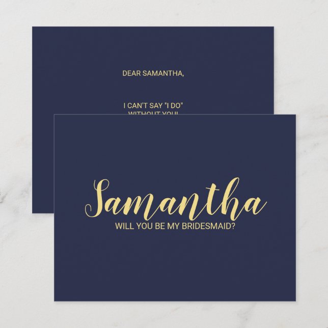 Navy Blue Gold Modern Script Bridesmaid Proposal Invitation (Front/Back)