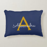 Navy Blue Gold Modern Script Girly Monogram Name Accent Pillow<br><div class="desc">Navy Blue and Gold Script Monogram Name and Initial Pillow. The pillow makes the perfect sweet 16 birthday,  wedding,  bridal shower,  baby shower or bachelorette party gift for someone decorating her room in rose gold.</div>