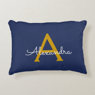 Navy Blue Gold Modern Script Girly Monogram Name Accent Pillow