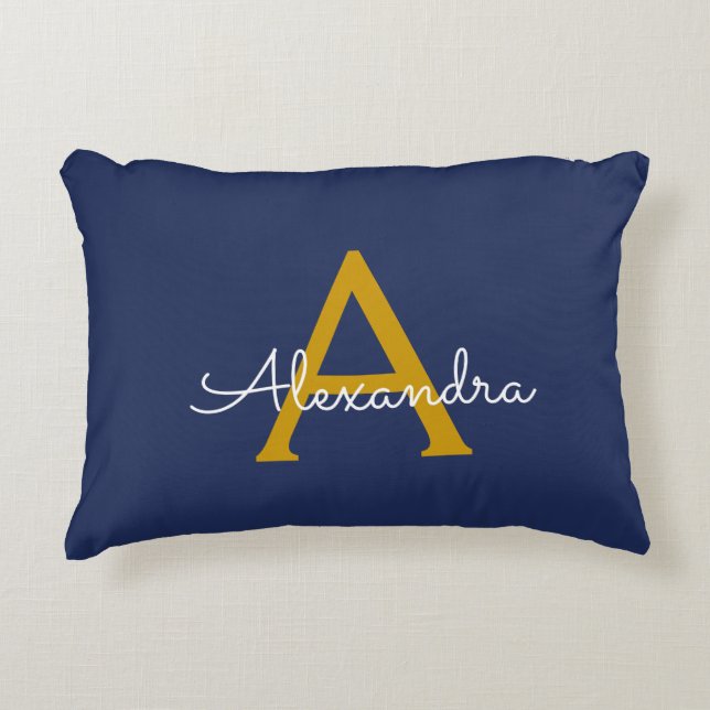 Navy Blue Gold Modern Script Girly Monogram Name Accent Pillow (Front)