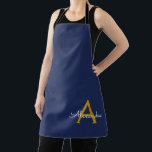 Navy Blue Gold Modern Script Girly Monogram Name Apron<br><div class="desc">Navy Blue and Gold Monogram Name Apron. This makes the perfect sweet 16 birthday,  wedding,  bridal shower,  anniversary,  baby shower or bachelorette party gift for someone that loves glam luxury and chic styles.</div>