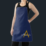 Navy Blue Gold Modern Script Girly Monogram Name Apron<br><div class="desc">Navy Blue and Gold Monogram Name Apron. This makes the perfect sweet 16 birthday,  wedding,  bridal shower,  anniversary,  baby shower or bachelorette party gift for someone that loves glam luxury and chic styles.</div>
