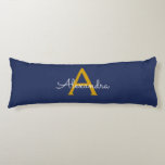 Navy Blue Gold Modern Script Girly Monogram Name Body Pillow<br><div class="desc">Navy Blue and Gold Simple Script Monogram Name Body Pillow. The pillow makes the perfect sweet 16 birthday,  wedding,  bridal shower,  baby shower or bachelorette party gift for someone decorating her room in rose gold.</div>