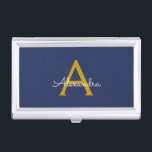 Navy Blue Gold Modern Script Girly Monogram Name Business Card Holder<br><div class="desc">Navy Blue and Gold Simple Script Monogram Name Business Card Holder. This makes the perfect sweet 16 birthday,  wedding,  bridal shower,  anniversary,  baby shower or bachelorette party gift for someone that loves glam luxury and chic styles.</div>