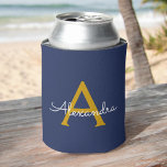 Navy Blue Gold Modern Script Girly Monogram Name Can Cooler<br><div class="desc">Navy Blue and Gold Simple Script Elegant Birthday or Bachelorette Party Can Coolers. These Wedding,  Bridal Shower or Birthday Party Can Coolers can be customized to include your first name. Please contact the designer for customized matching items.</div>