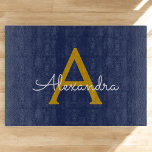 Navy Blue Gold Modern Script Girly Monogram Name Cutting Board<br><div class="desc">Navy Blue and Gold Simple Script Monogram Name Cutting Board. This makes the perfect graduation,  birthday,  wedding,  bridal shower,  anniversary,  baby shower or bachelorette party gift for someone that loves glam luxury and chic styles.</div>