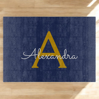 Navy Blue Gold Modern Script Girly Monogram Name Cutting Board
