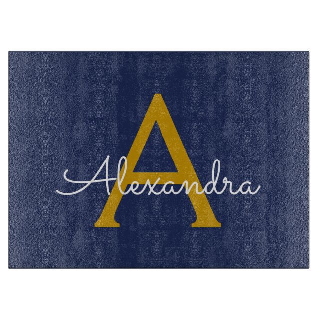 Navy Blue Gold Modern Script Girly Monogram Name Cutting Board (Front)