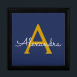 Navy Blue Gold Modern Script Girly Monogram Name Gift Box<br><div class="desc">Navy Blue and Gold Simple script Monogram Name Jewellery Keepsake Box. This makes the perfect graduation,  birthday,  wedding,  bridal shower,  anniversary,  baby shower or bachelorette party gift for someone that loves glam luxury and chic styles.</div>
