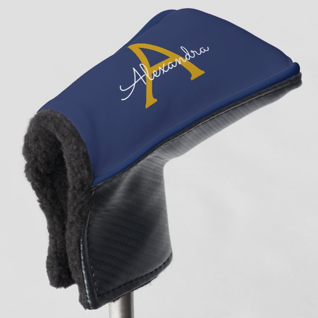 Navy Blue Gold Modern Script Girly Monogram Name Golf Head Cover (3/4 Front)
