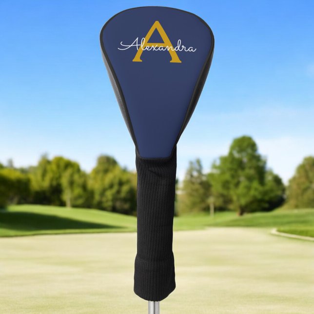 Navy Blue Gold Modern Script Girly Monogram Name Golf Head Cover (Creator Uploaded)