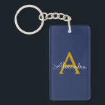 Navy Blue Gold Modern Script Girly Monogram Name Keychain<br><div class="desc">Navy Blue and Gold Simple Script Monogram Name Keychain. This makes the perfect sweet 16 birthday,  wedding,  bridal shower,  anniversary,  baby shower or bachelorette party gift for someone that loves glam luxury and chic styles.</div>
