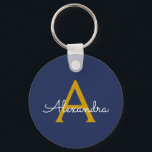 Navy Blue Gold Modern Script Girly Monogram Name Keychain<br><div class="desc">Navy Blue and Gold Simple Script Monogram Name Keychains (Key Chain). This makes the perfect sweet 16 birthday,  wedding,  bridal shower,  anniversary,  baby shower or bachelorette party gift for someone that loves glam luxury and chic styles.</div>