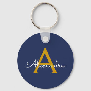 Navy Blue Gold Modern Script Girly Monogram Name Keychain