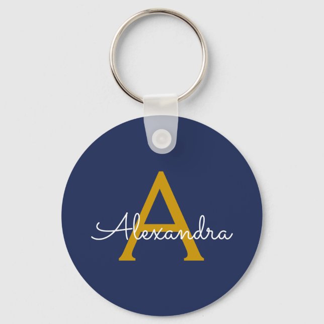 Navy Blue Gold Modern Script Girly Monogram Name Keychain (Front)