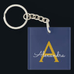 Navy Blue Gold Modern Script Girly Monogram Name Keychain<br><div class="desc">Navy Blue and Gold Simple Script Monogram Name Keychain. This makes the perfect sweet 16 birthday,  wedding,  bridal shower,  anniversary,  baby shower or bachelorette party gift for someone that loves glam luxury and chic styles.</div>
