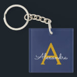 Navy Blue Gold Modern Script Girly Monogram Name Keychain<br><div class="desc">Navy Blue and Gold Simple Script Monogram Name Keychain. This makes the perfect sweet 16 birthday,  wedding,  bridal shower,  anniversary,  baby shower or bachelorette party gift for someone that loves glam luxury and chic styles.</div>