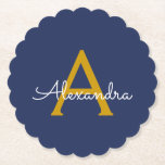 Navy Blue Gold Modern Script Girly Monogram Name Paper Coaster<br><div class="desc">Navy Blue and Gold Simple Script Monogram Name Paper Coasters. This makes the perfect graduation,  birthday,  wedding,  bridal shower,  anniversary,  baby shower or bachelorette party gift for someone that loves glam luxury and chic styles.</div>