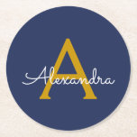 Navy Blue Gold Modern Script Girly Monogram Name Round Paper Coaster<br><div class="desc">Navy Blue and Gold Simple Script Monogram Name Paper Coasters. This makes the perfect graduation,  birthday,  wedding,  bridal shower,  anniversary,  baby shower or bachelorette party gift for someone that loves glam luxury and chic styles.</div>