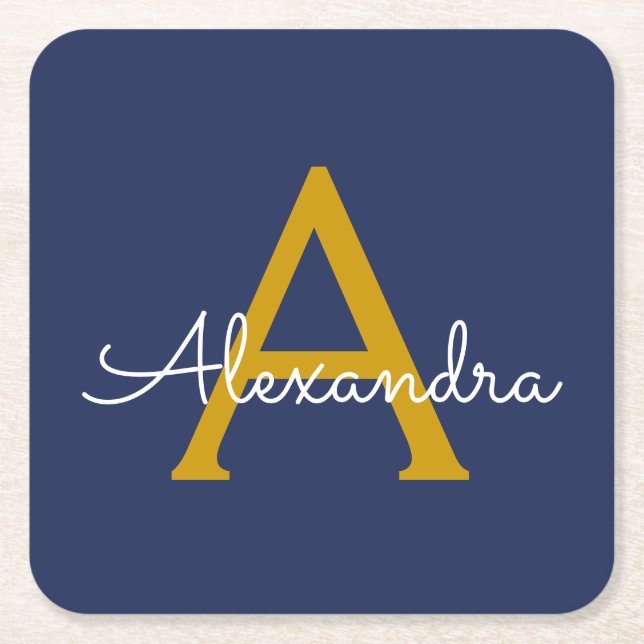 Navy Blue Gold Modern Script Girly Monogram Name Square Paper Coaster (Front)