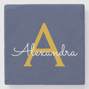 Navy Blue Gold Modern Script Girly Monogram Name Stone Coaster