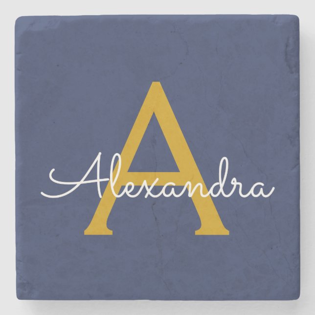 Navy Blue Gold Modern Script Girly Monogram Name Stone Coaster (Front)