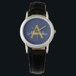 Navy Blue Gold Modern Script Girly Monogram Name Watch<br><div class="desc">Navy Blue and Gold Simple Script Monogram Name Watch. This makes the perfect graduation,  birthday,  wedding,  bridal shower,  anniversary,  baby shower or bachelorette party gift for someone that loves glam luxury and chic styles.</div>