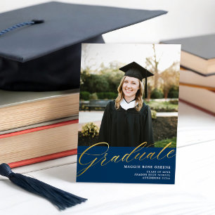 Navy Blue Gold Modern Script Graduation Photo Announcement