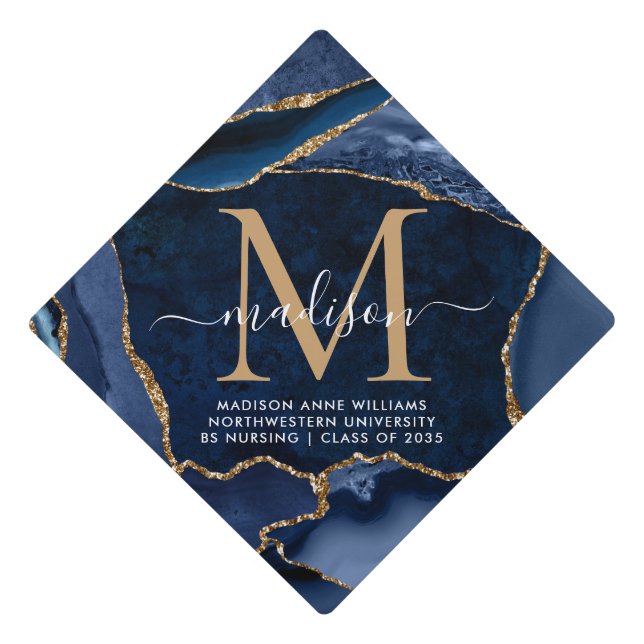 Navy Blue Gold Monogram Agate Graduation Grad Cap Topper (Front)