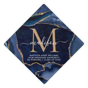 Navy Blue Gold Monogram Agate Graduation Grad Graduation Cap Topper