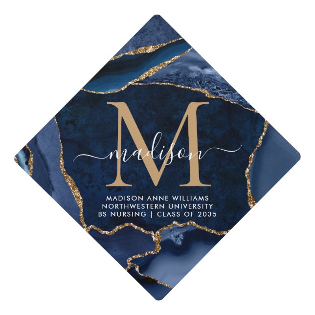 Navy Blue Gold Monogram Agate Graduation Grad Graduation Cap Topper (Front)
