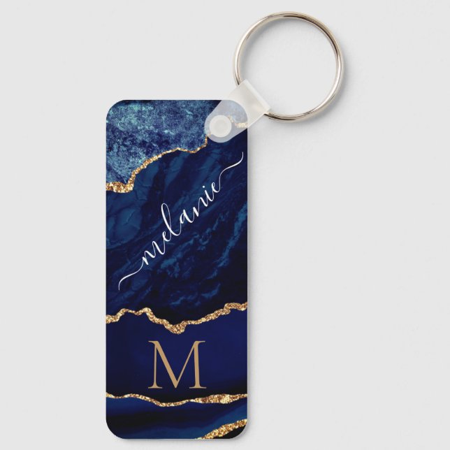 Navy Blue Gold Monogram Custom Name Keychain Gift (Back)
