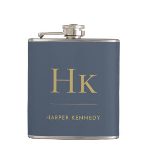 Navy Blue Gold Monogram Elegant Personalized Hip Flask