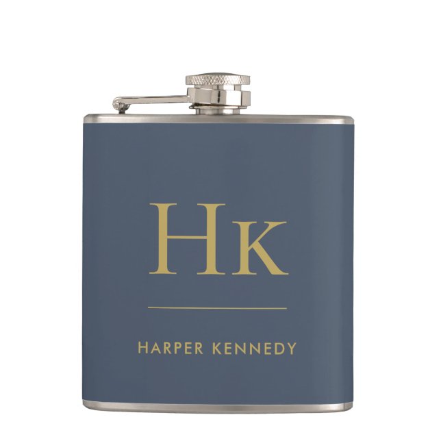 Navy Blue Gold Monogram Elegant Personalized  Hip Flask (Front)
