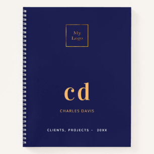 Navy blue gold monogram initials business logo notebook