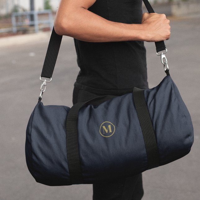 Navy Blue Gold Monogram l Minimal Clean Sport Gym Duffle Bag (Creator Uploaded)